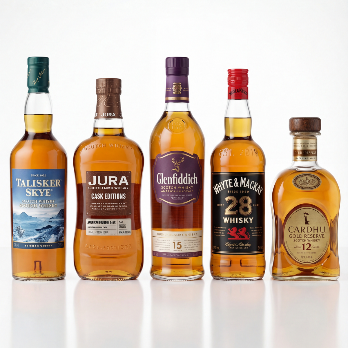 Ultimate Bundle – Glenfiddich 15, Whyte & Mackay Triple Matured, Cardhu Gold Reserve, Talisker Skye & Jura Bourbon Cask